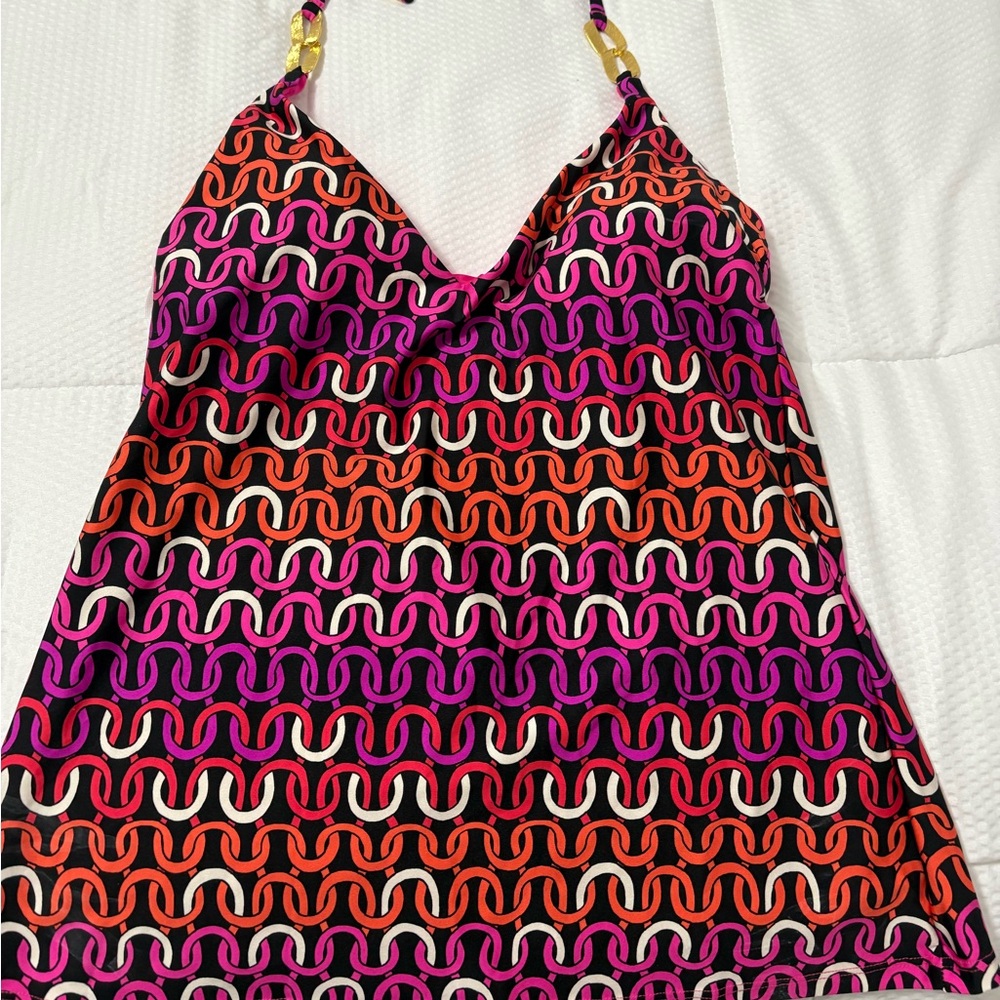 Trina Turk Pink and Orange Chain Pattern Halter Tankini Top